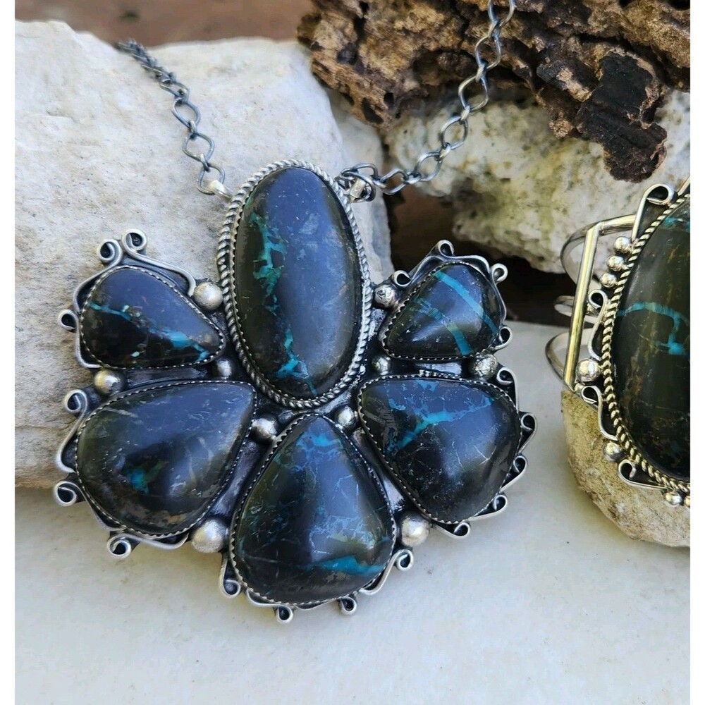 Blackjack Turquoise Cluster Necklace By Donavan Nez Navajo